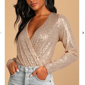 Stunning Forever Rose Gold Sequin Long Sleeve Surplice Bodysuit